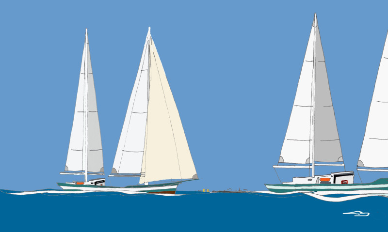 © Illustration Eric Berthou : Bateaux à voiles de traditions et cargos à propulsion vélique