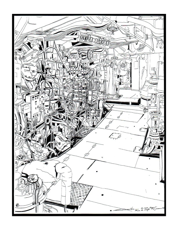 © Eric Berthou : Dessin 65x50 cm réalisé à bord : Rue de chauffe du Porte-hélicoptère Jeanne d'Arc. Salon de la Marine 2010, Paris, Trocadéro.