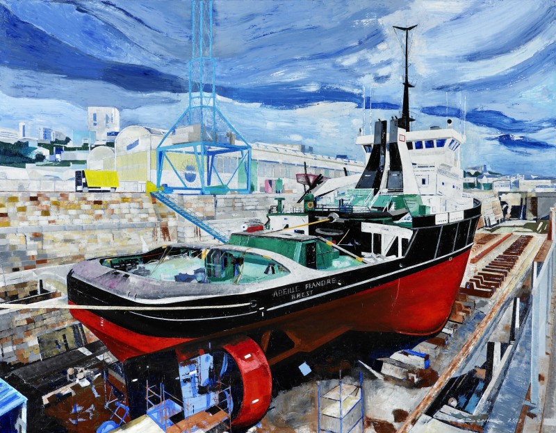 © Eric Berthou : Huile sur toile au couteau, 80 F (146 x114 cm) Grand carénage au port de commerce de Brest, du RIAS Abeille Flandre. Salon des artistes Français, 2003, Grand-Palais, Paris.