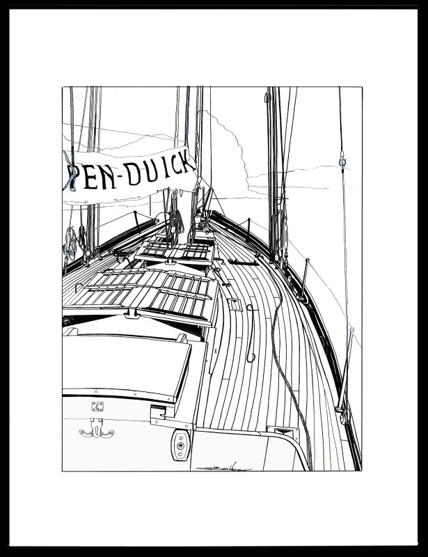 © Eric Berthou : Encre sur papier sur le motif, réalisée à bord de Pen Duick I au mouillage sur l'Odet, selon la technique du trait direct sans repentir.