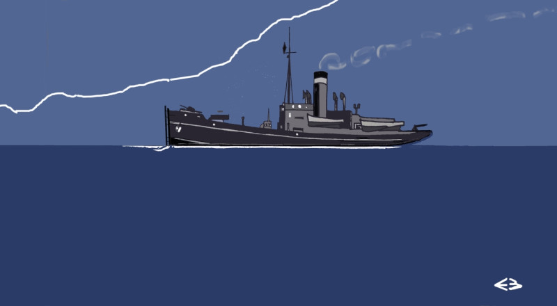 © Illustration Eric Berthou : L'aviso auxiliaire Nord Caper met le cap au sud vers le détroit de Gibraltar pour rejoindre son affectation en mer Egéee
