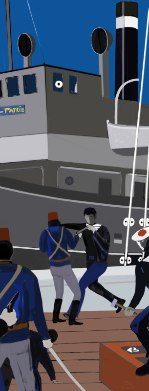 © Illustration Eric Berthou : L'équipage de l'aviso auxiliaire Nord Caper passe à l'abordage d'une goélette turque au petit matin...