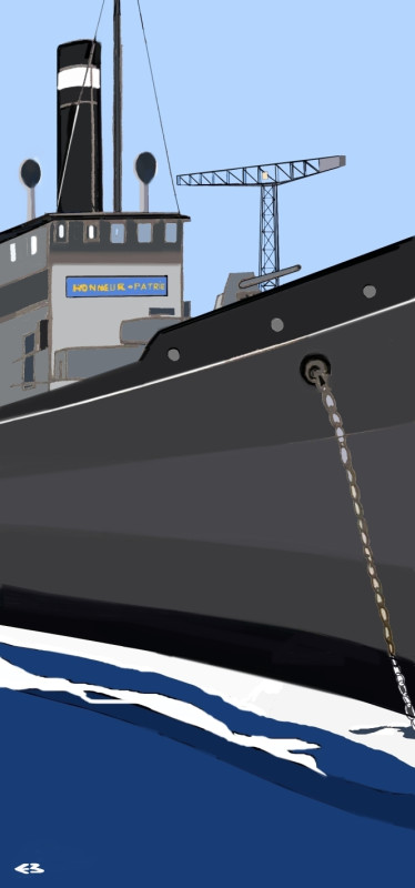 © Illustration Eric Berthou : L'aviso auxiliaire Nord Caper au mouillage au pied de la grande grue à la base navale de Brest avant son départ.