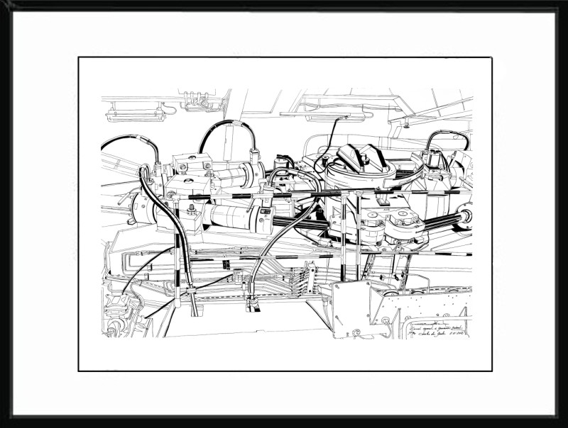 © Eric Berthou : Dessin à l'encre sur papier format raisin 65x 50 cm réalisé à bord du porte-avions Charles de Gaulle en 2012 à la base navale de Toulon